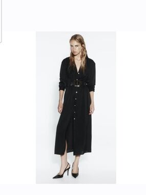 Zara Black Button-Front Textured Midi Dress with Waist Belt